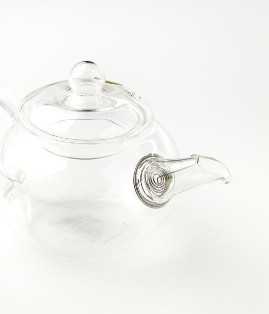 Clear glass teapot on a white background