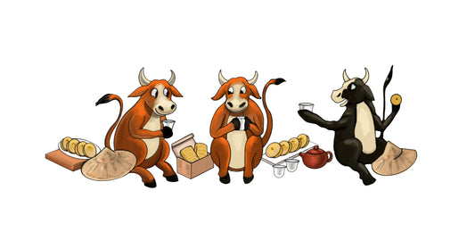 Illustration of cows drinking tea with pastries.