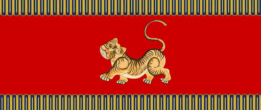 Illustration of a tiger on a red background.