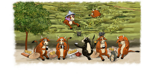 Illustration of cows drinking tea with pastries and tea field.