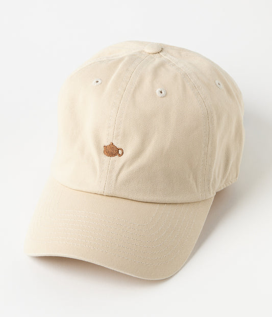 Cream cotton baseball cap with a small brown embroidered teapot on the front.