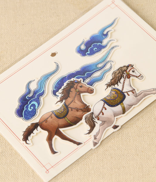 Decorative card with two stylized horses and blue flames on a beige background