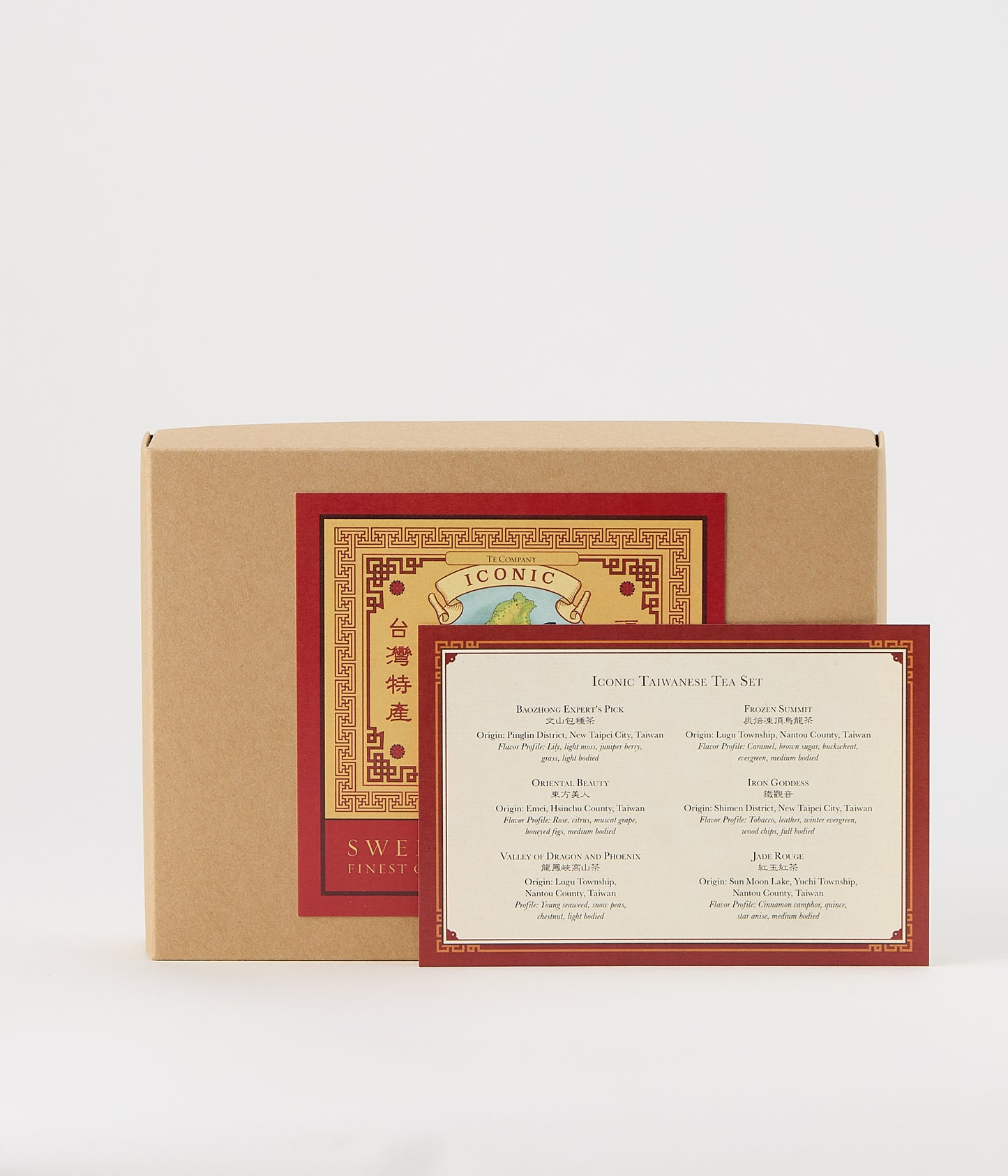 A brown tea gift box labeled Iconic Formosa Tea, featuring an illustrated map of Taiwan with insert.