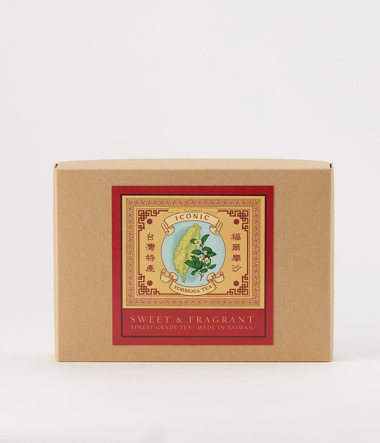 A brown tea gift box labeled Iconic Formosa Tea, featuring an illustrated map of Taiwan.